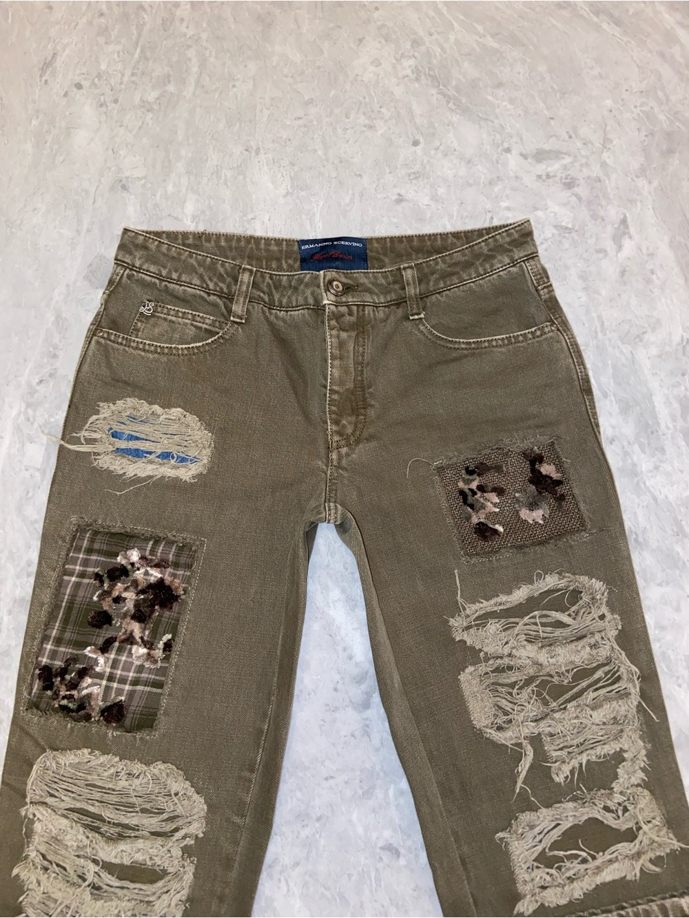 Vintage Ermanno Scervino Khaki Distressed Patchwork Jeans